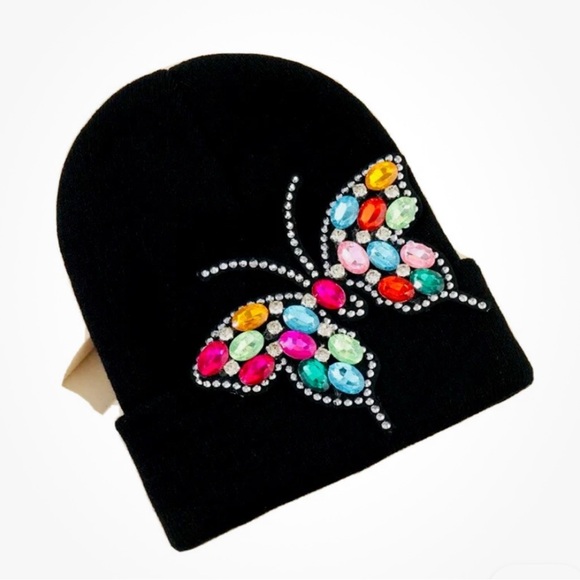 Accessories - Butterfly Rhinestone Beanie Hat | Glam Bling Crystal Knit Cap | One of a Kind